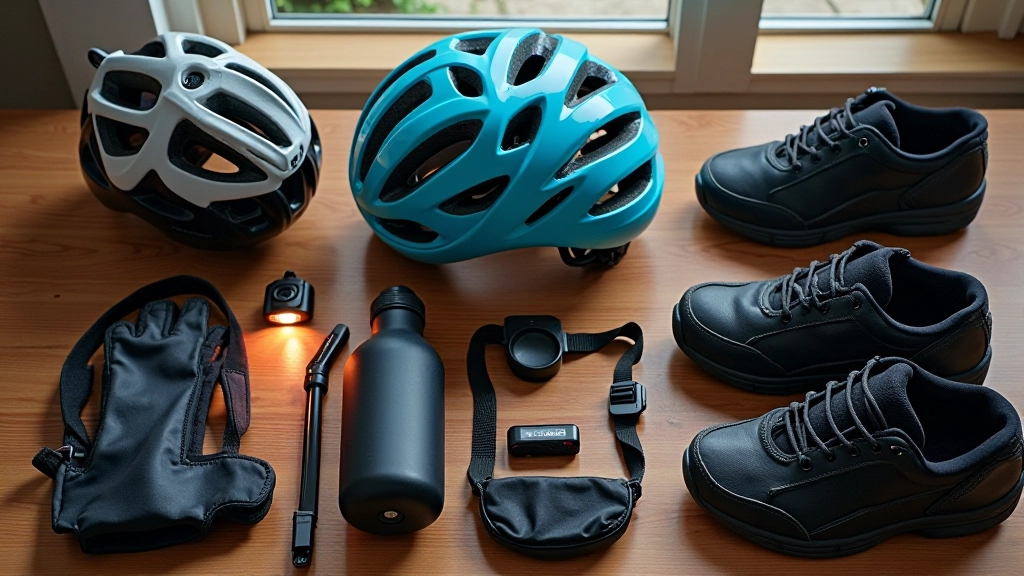 Velosipēdu aprīkojums — ķivere, apgaismojums, draugi apavi uz koka stola
