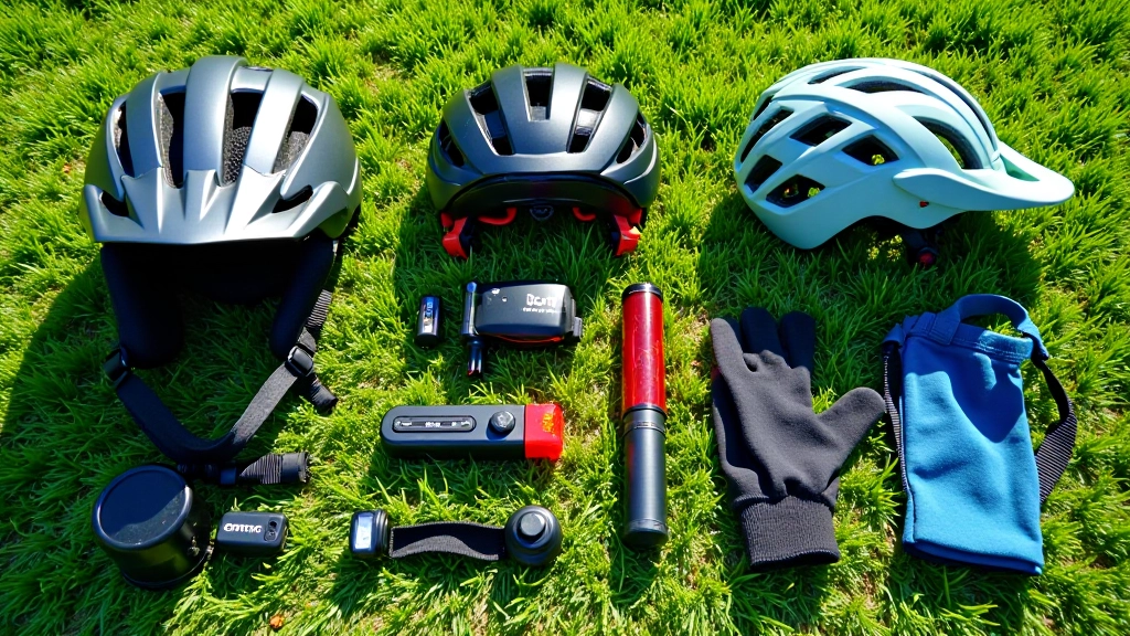 Obligātais velosipēdu aprīkojums — ķivere, apgaismojums, atstarotāji, cimdgalvas, izkārtoti uz zaļas zāles