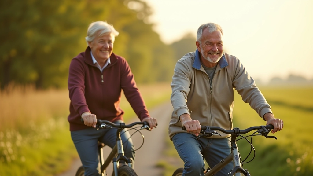 Pensionārs un pensionāre uz velosipēdiem, rīta gaisma, dambju maršruts, smaids