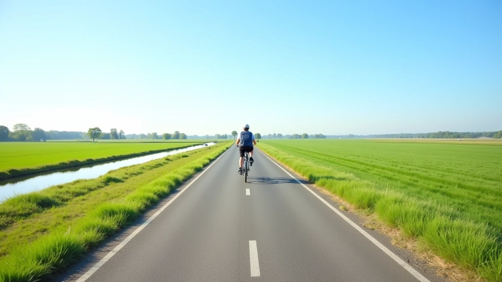 Plaša un labi uzturēta velocele ar asfaltu, gar to pļavas un dūņu ūdeņi